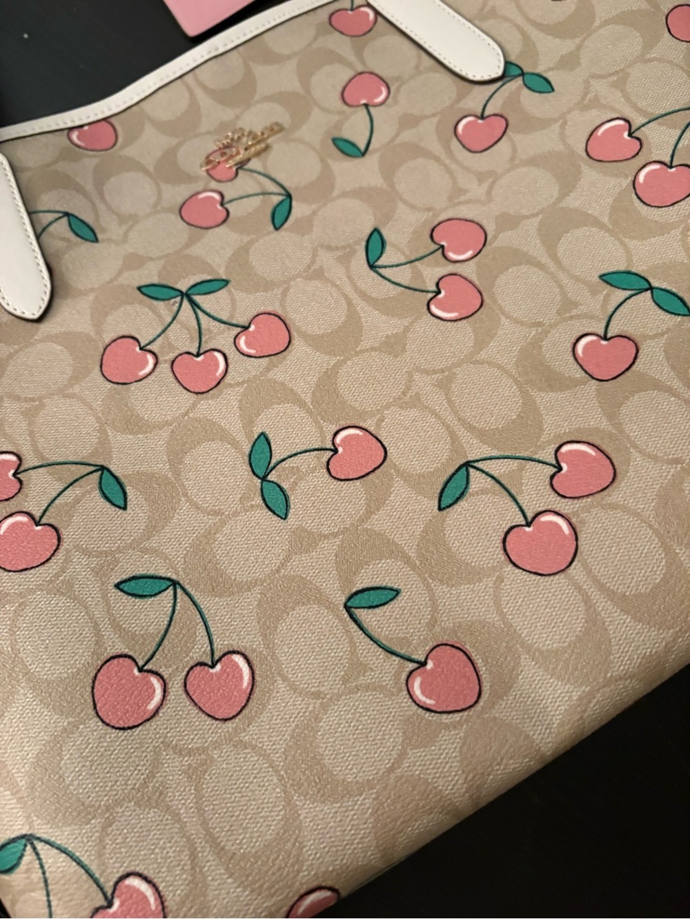 Cherry Print Tote Bag in Beige and Pink - Picture 3 of 6